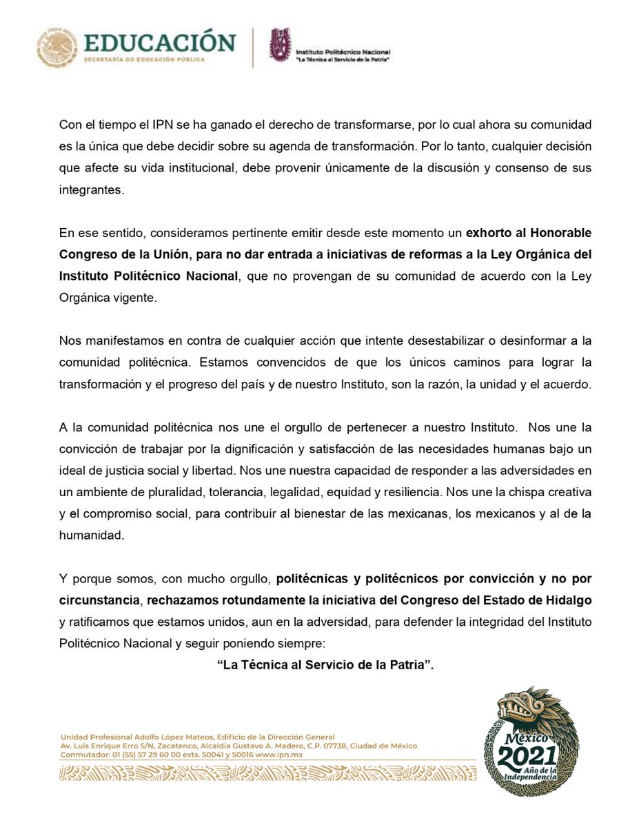 IPN_MX's tweet photo. 🔴 Pronunciamiento del IPN, a través del XXXIX Consejo General Consultivo, respecto a la Iniciativa del Congreso del Estado de Hidalgo para cambiar la Ley Orgánica de nuestra institución https://t.co/gfbtrJQ9sW