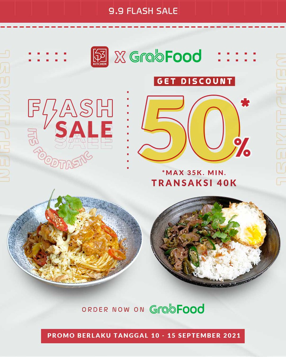 153kitchen's tweet photo. Udah jam makan siang tapi keburu laper dan bingung mau makan apa? Ssstt..Ada discount 50% loh~ Langsung aja order @153kitchen via Grabfood ya!

S&amp;K:
1. Available on Grab Food
2. Min.transaksi 69K &amp; Max.diskon 50K
3. Promo berlaku dari tanggal 10-15 Sep 2021 https://t.co/eZeykFaAmZ