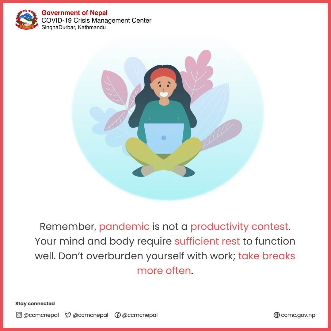 Take breaks more often!

#FlattenTheCurve
#MaskUp
#safety
#CovidConnect
#SmartLockdown