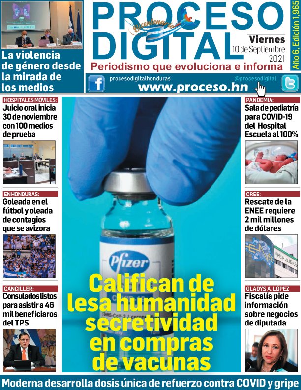 ProcesoDigital's tweet photo. #PORTADA @ProcesoDigital Viernes 10.09.2021. #Honduras #secretividad #compradevacunas https://t.co/7qZOqlZf0f