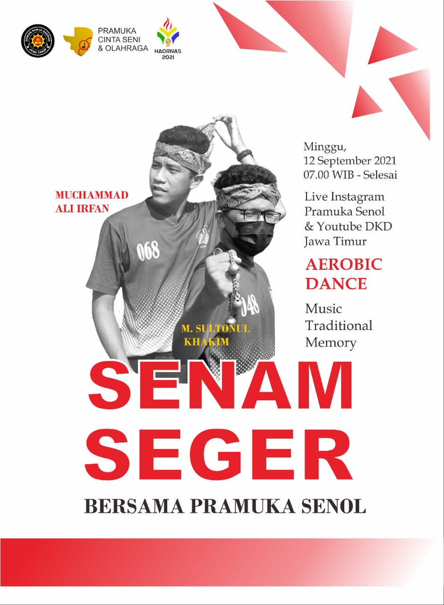 Untuk memperingati Hari Olahraga Nasional, Unit Pramuka Cinta Seni dan Olahraga akan menyelenggarakan "Senam Seger" bersama nihh.

Teman-teman sabi banget join senam via Live IG @pramuka_senol atau YouTube DKD Jatim.

Catat tanggal pelaksanaannya yaa!
Mari kita sehat bersama!