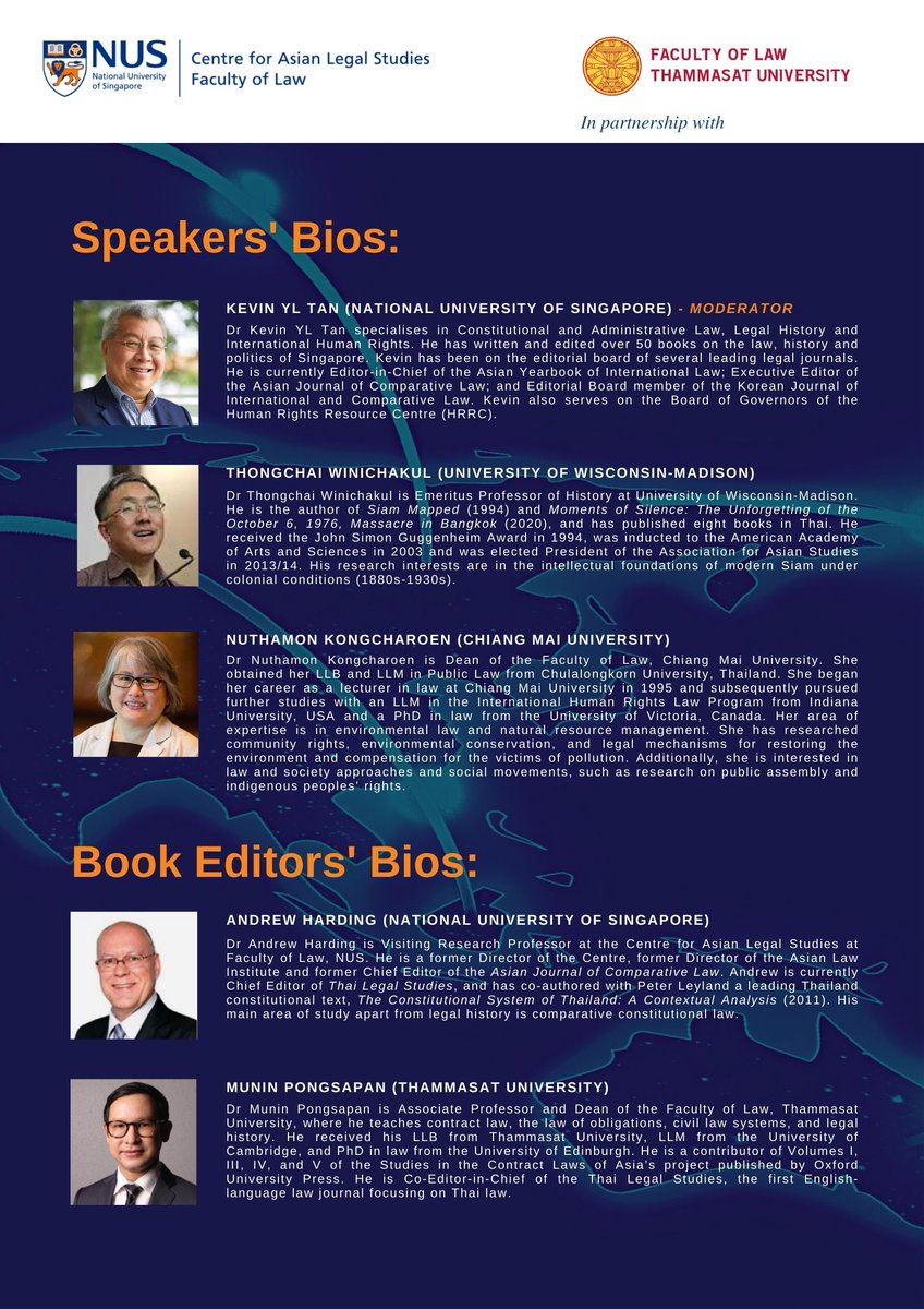 CALS_NUS's tweet image. Join us for Virtual Roundtable #15 &quot;Thai Legal History&quot;!
Date/Time: 30 September 2021, 2.00PM (SGT)
Register: bit.ly/3BFMjwg
Get the Book: bit.ly/2X5REOy  (20% off: CALS2021)

#virtualroundtables #asianlaw #thailegalhistory #asianlegalstudies #thailand #history