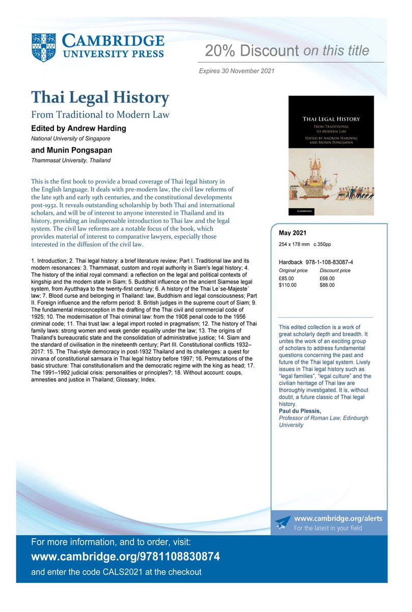 CALS_NUS's tweet image. Join us for Virtual Roundtable #15 &quot;Thai Legal History&quot;!
Date/Time: 30 September 2021, 2.00PM (SGT)
Register: bit.ly/3BFMjwg
Get the Book: bit.ly/2X5REOy  (20% off: CALS2021)

#virtualroundtables #asianlaw #thailegalhistory #asianlegalstudies #thailand #history