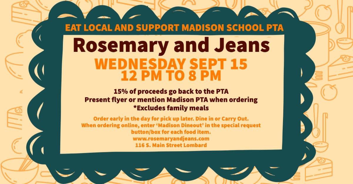 Support the PTA and a local restaurant.  Eat out on the 15th and let them know you’re there to support the PTA! 🍝🍽 #madison44