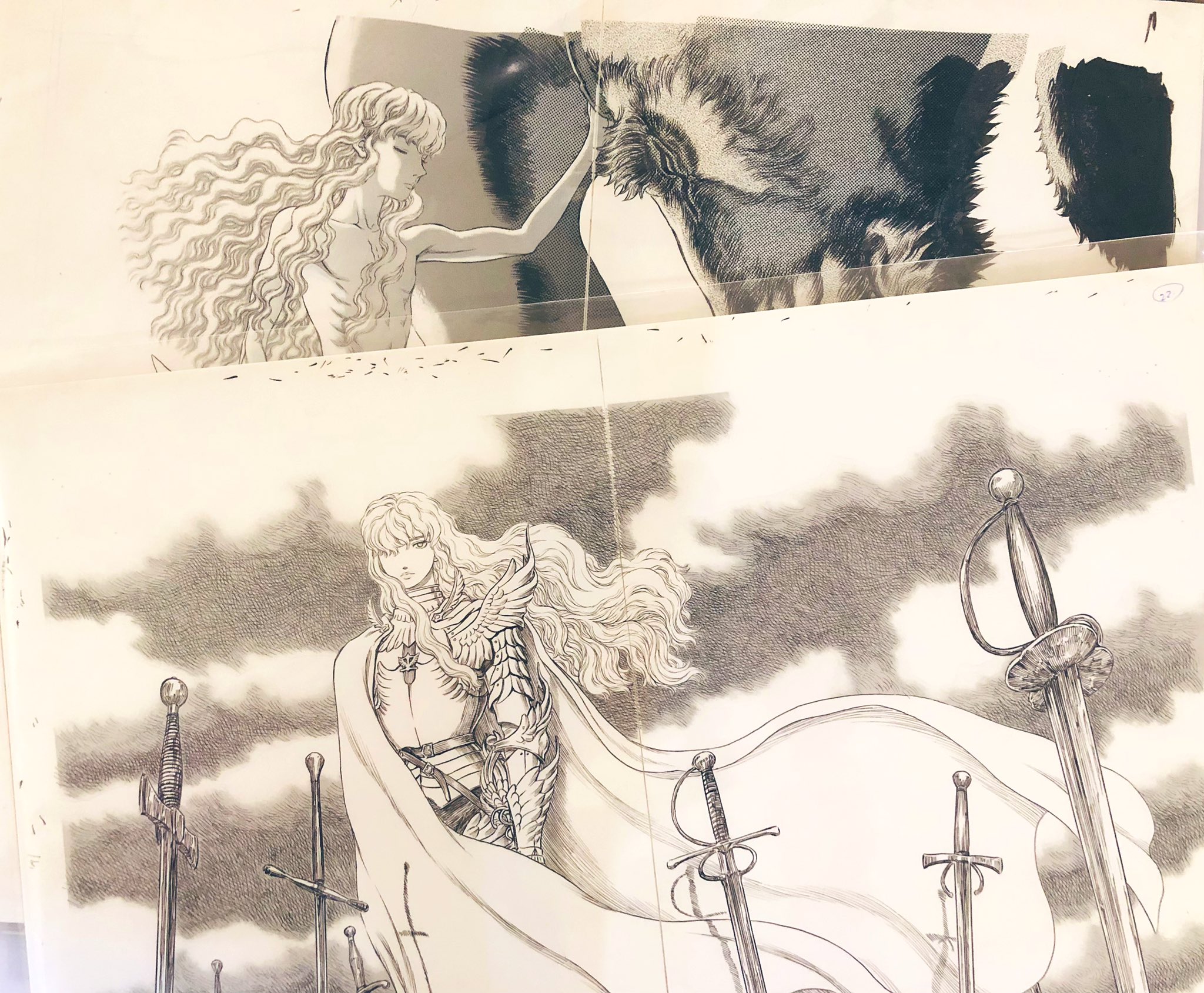 立野真琴 昨日は 大ベルセルク展 の内覧会にご招待頂いて三浦先生の凄すぎる原画に1000回ジャブをくらってきました ペンから筆から迸るガッツ の熱 でもグリフィスさまはとても美しく細い線 グッズも豊富でお土産に複製原画とベヘリットのお菓子買ってき