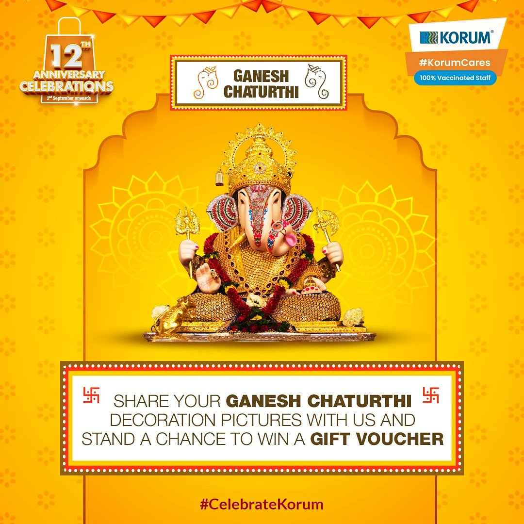 #ContestAlert This Ganesh Chaturthi share with us how you are preparing to welcome Bappa. 
Rules:
1) Share a picture of your Ganesh Chaturthi Decoration using #CelebrateKorum &amp; tag us. 
2) Follow us &amp; tag friends. 

Share your pictures &amp; win exciting gift vouchers. 
#KorumCalling