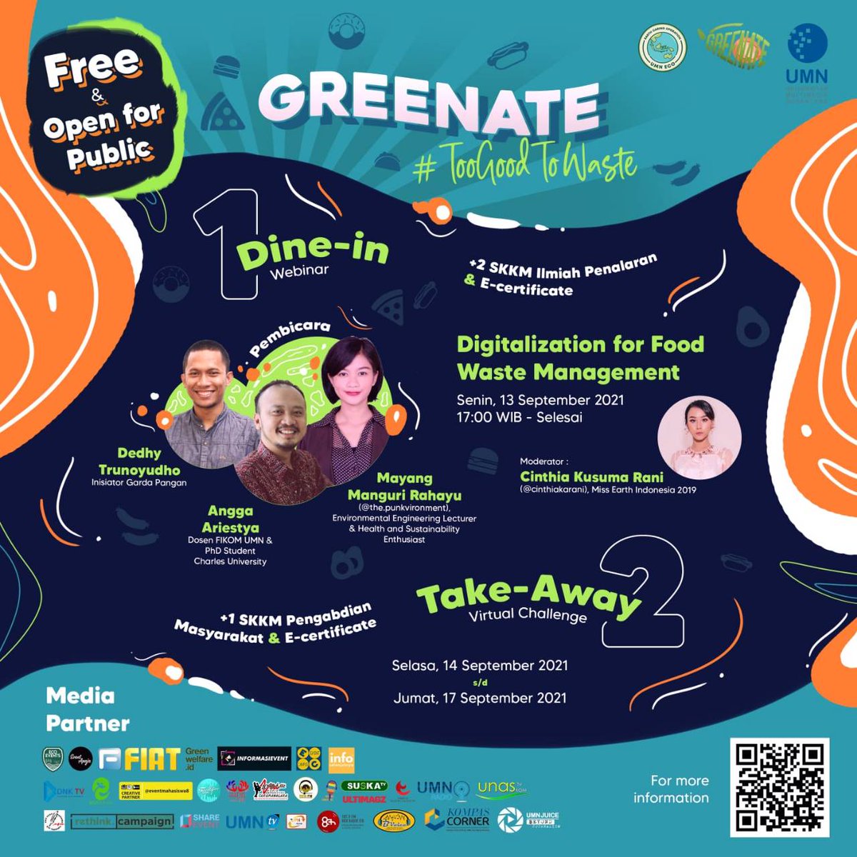 ‼️GREENATE:WE’RE OPEN‼️
Welcome, ECO Friends!
UMN ECO 2021 hadir dengan kegiatan GREENATE untuk memerangi food waste, nih!Kalian dapat menikmati 2 macam menu secara Dine-In &amp; Take-Away dan reward
menarik!
Yuk, segera lakukan pemesanan dan nikmati menu pilihanmu di GREENATE!