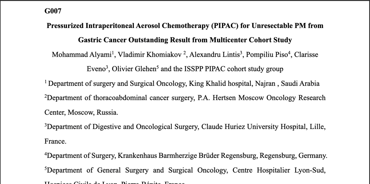 PSOGI_EC's tweet photo. Best abstract #1 Mohammad Alyami @dr_mohammadyami 

Cohort study on PIPAC for gastric PM
586 pts, 1566 PIPACs -45%>3 PIPACs 
4.3% CR, 11% PR, 44% stable dz
Median OS 20months for  >3PIPACs

@ISSPP1 @glehenolivier @ClaEveno @oliviawriting @MartinHbner3 https://t.co/x5I4DnOkDC