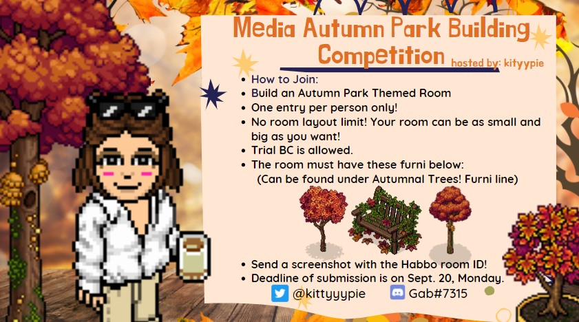 kittyyypie's tweet photo. 👀 LOOK!👀

@OfficialHabboUN Dept. of Media is back with another competition! This month's theme is AUTUMN 🍁 

🍁 Check out the picture below on what to do and where to submit
🍁 Show us your building skills through joining our comp!
🍁 Happy Building!

#habboun https://t.co/bCNTfSLWgf