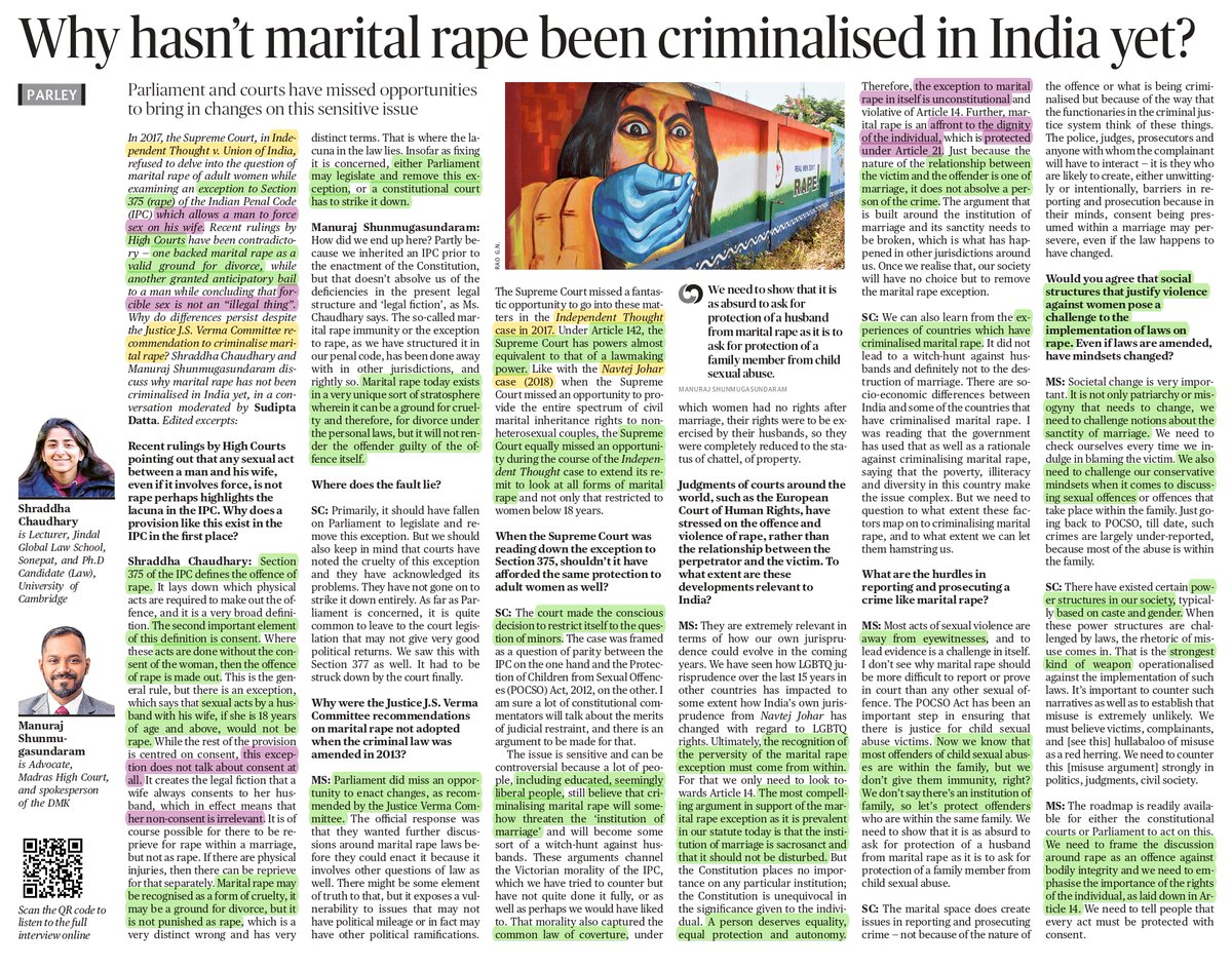 gautamkr_12's tweet photo. "We need to frame the discussion around rape as an offence against bodily integrity &amp; we need to emphasise the importance of the rights of the individual, as laid down in Art14. We need to tell people that every act must be protected with consent".

#gender #Liberty #Integrity https://t.co/5wQiSzWVIi