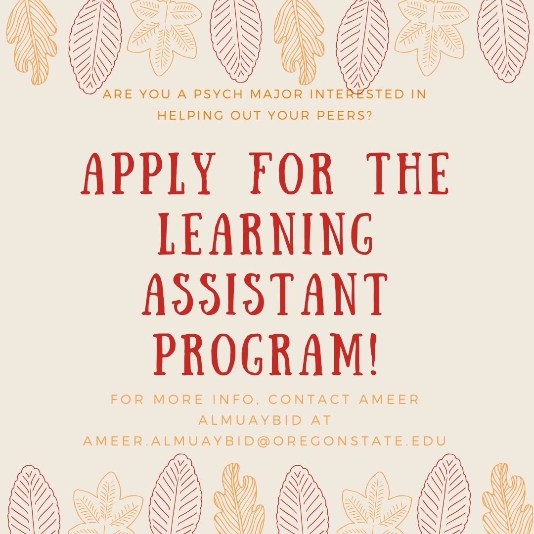 Oregon State University Psi Chi
<a href="/OsuPsichi/">Oregon State University Psi Chi</a>
·
12s
!! Attention Psychology Students !!

This Fall, the General Psychology Program at the School of Psychological Science is accepting applications for the Learning Assistant Programs!

Application Link: oregonstate.qualtrics.com/jfe/form/SV0P8…