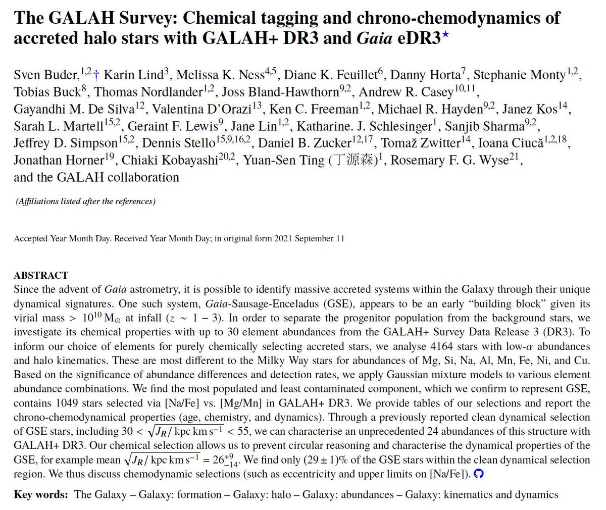 How much did accreted stars contribute to the build-up/shape of the Milky Way? We all found many accreted stars via their distinct orbits thanks to <a href="/ESAGaia/">ESA Gaia</a>. In our latest study (arxiv.org/abs/2109.04059), we identify/“tag” accreted stars via their chemistry with <a href="/galahsurvey/">GALAH Survey</a>. 1/5