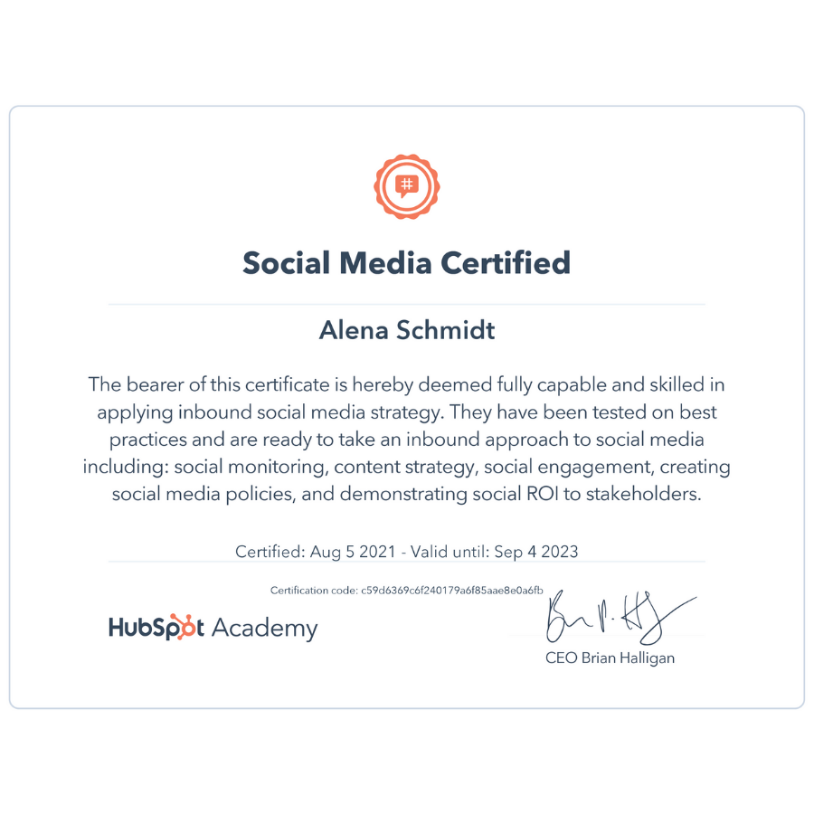 Auch Alena hat schon ein paar der HubSpot-Schulungen absolviert und ist unter anderem offiziell Social Media Certified 🥳

#hubspotpartner #hubspotzertifikat #hubspotcertified #socialmediacertified #wvm #inboundmarketingagentur #hubspot #socialmediamarketing #socialmediamanager