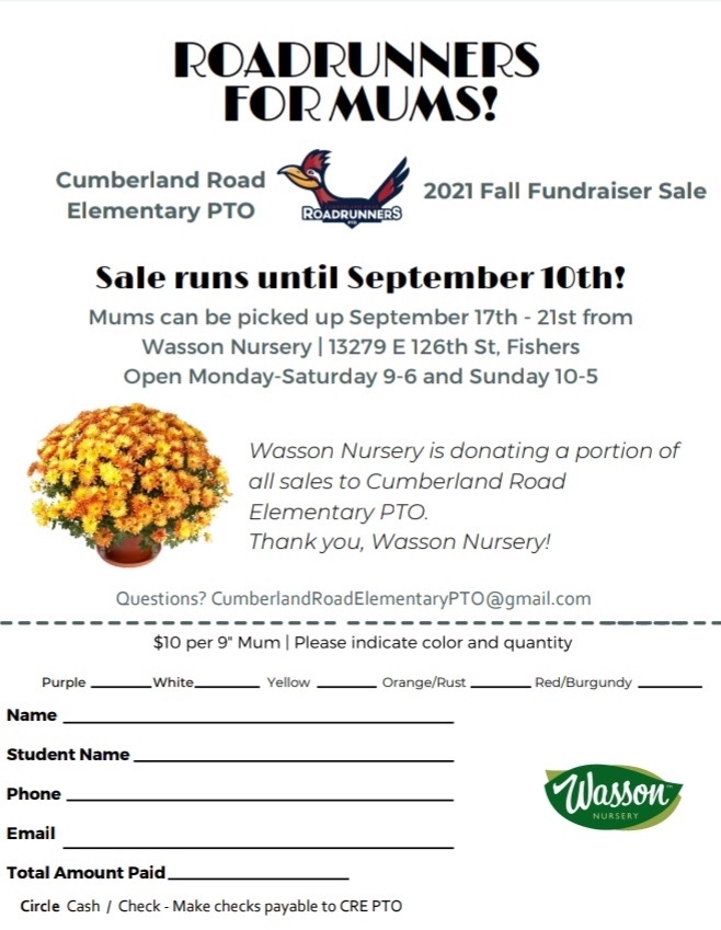 Orders due today!
Mums can be picked up from September 17th to 21st at Wasson Nursery in Fishers! Order online with the link below.

cre-pto-fall-flower-sale.cheddarup.com