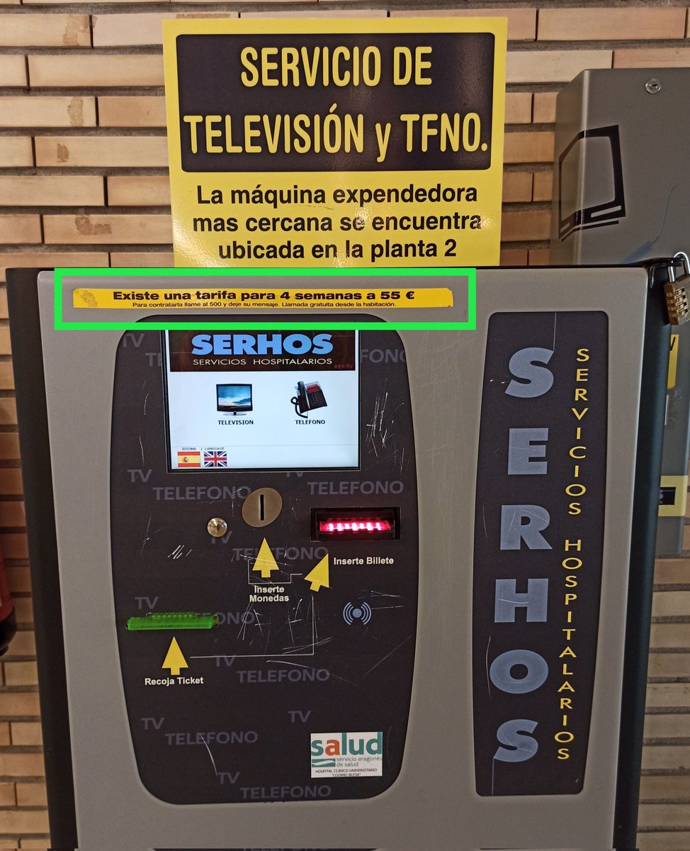 Lo del servicio de televisión de los hospitales de @SaludPublicaAra es vergonzoso. En el Hospital Clínico Lozano Blesa (Zaragoza) cuesta 4'40€/día y, la gran oferta, 4 semanas x 55€. Sale más barato con muchos operadores TV+móvil+fijo+Internet.
¿Cómo se permite esto <a href="/GobAragon/">Gobierno de Aragón</a>?