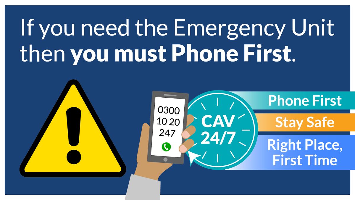 CV_UHB's tweet photo. Our Emergency Unit remains busy.

If your condition is not life or limb threatening, please make use of the NHS 111 online symptom checker or call CAV 24/7 on 0300 10 20 247 where our team will assess you and direct you to the most appropriate service https://t.co/rZLJVFwS61