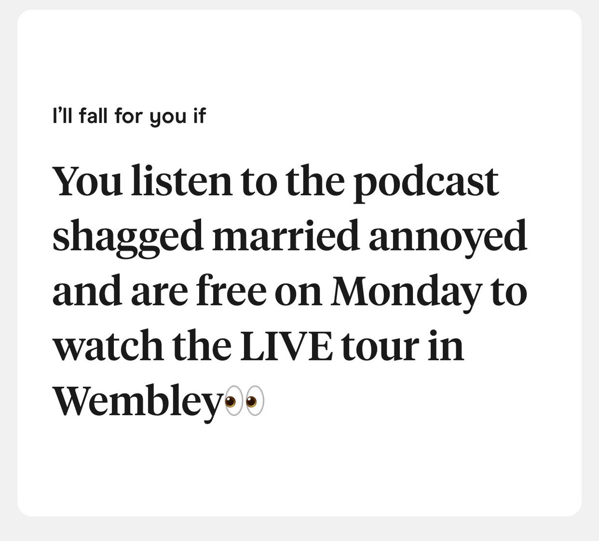 Just discovered my past self ordered tickets to <a href="/4pmWineTimeBaby/">Chris and Rosie Ramsey</a> next week (no recollection of this😂) so naturally I’m putting Hinge to the test…