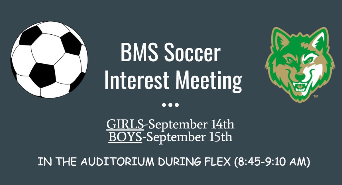 Middle school soccer interest meetings next week during Flex! Look forward to seeing you all there!
Tuesday 9/14 - Girls 
Wednesday 9/15 - Boys
#bufordwolves
