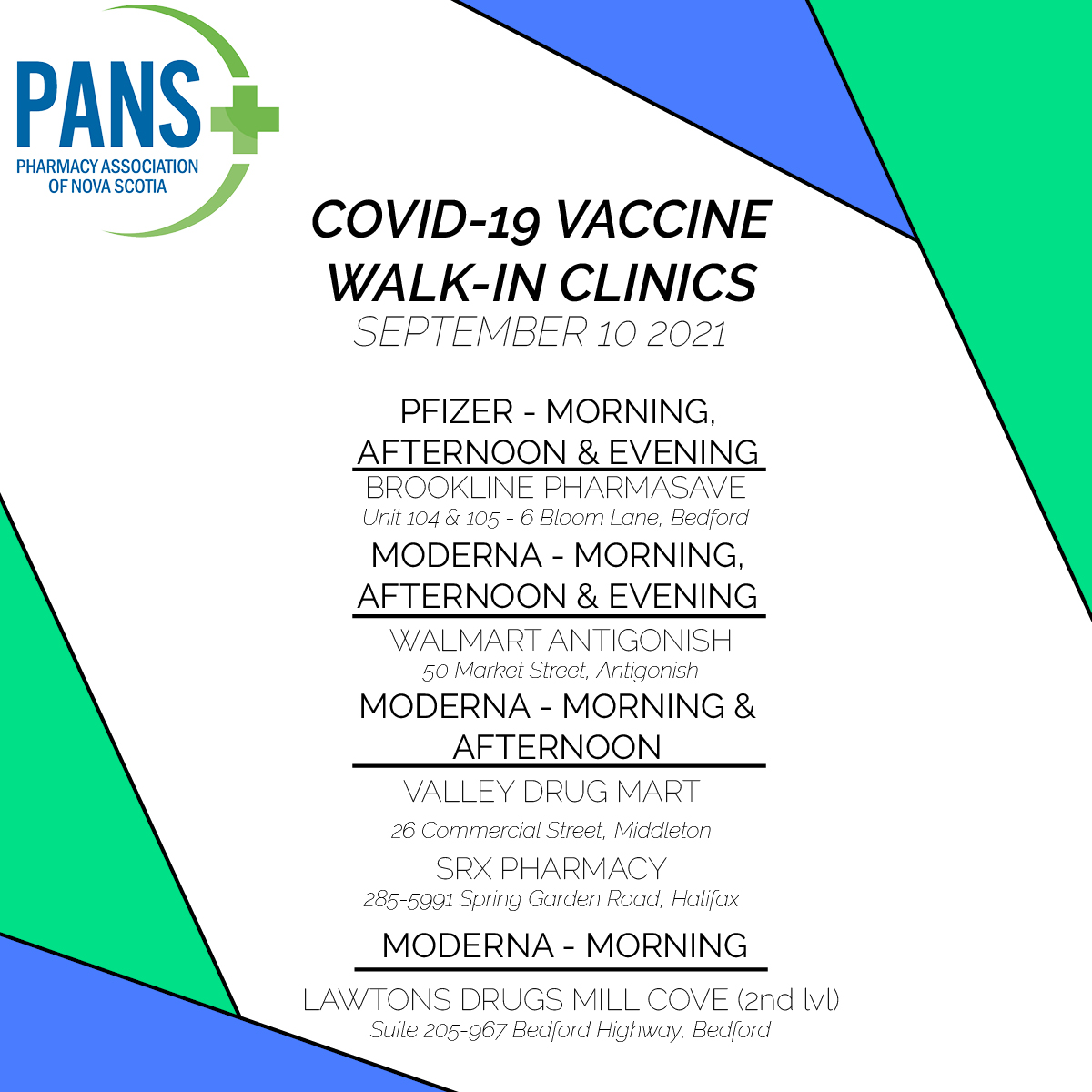 Walk-in Vaccine Clinics - TODAY SEPT 10!

Looking to get your Covid-19 vaccine but haven't been able to find a time that works for you? Head to any of the locations listed- No appointment needed!

#COVID19 #vaccine #walkinclinic #pharmacyns