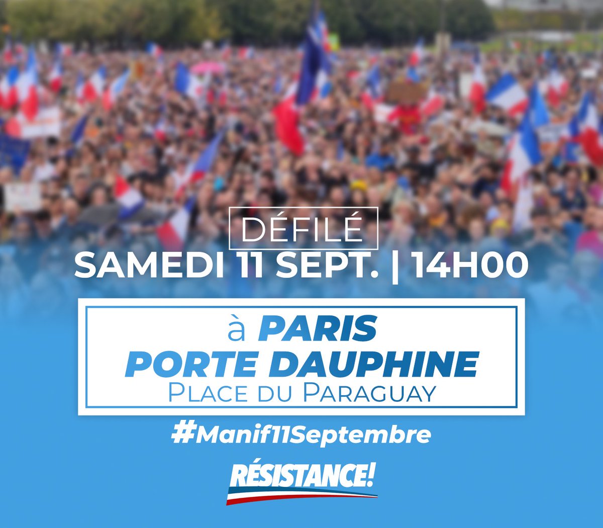 #Manifs11septembre : cortège national gigantesque au départ de Paris Porte Dauphine (place du Paraguay) ce samedi 11/09 14h pour cette 43è semaine de résistance ! Me Di Vizio sera là (permanence bénévole pour vous aider !)
Un peuple digne est un peuple debout ! Courage ! 🇫🇷 ⤵️