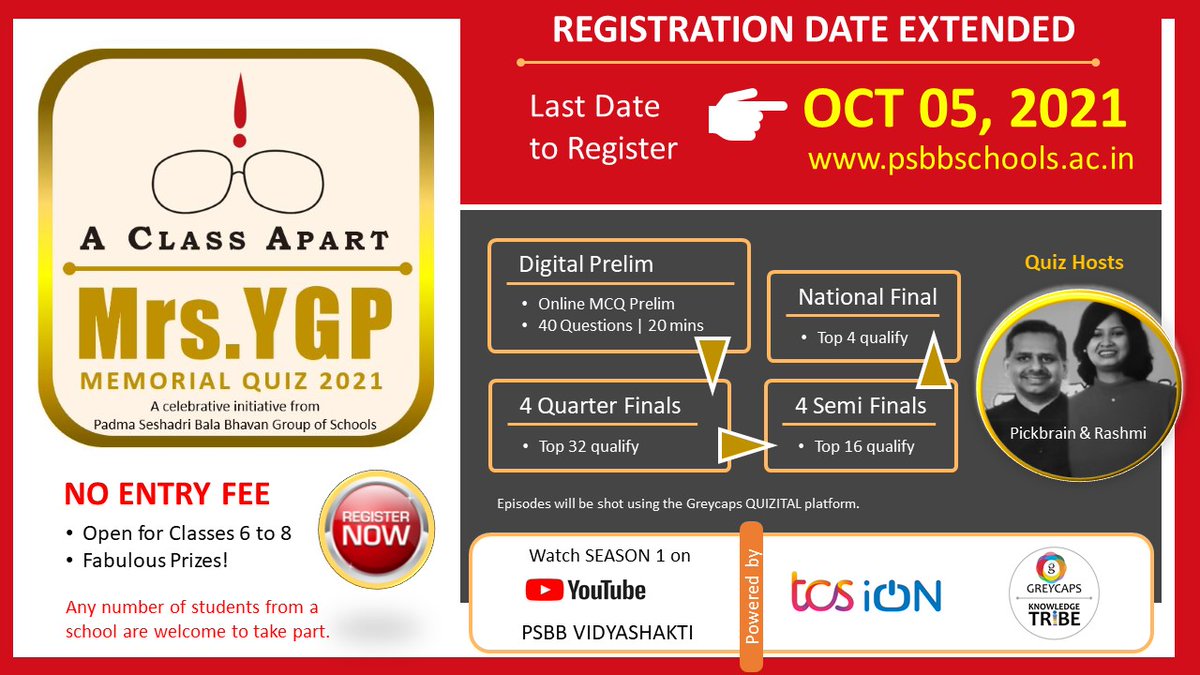 Knowthetribe's tweet photo. Mrs. YGP Memorial Quiz is back for its 2021 edition and we are sure you are as excited as we are. 
Head on to https://t.co/qlnbRe5z1F to register right away. LAST DATE to register is October 5, 2021.

#digitalevent #schoolevent #teachers #schools #schoolquizzing #quiz #quizzes https://t.co/OadyGZ2fgk