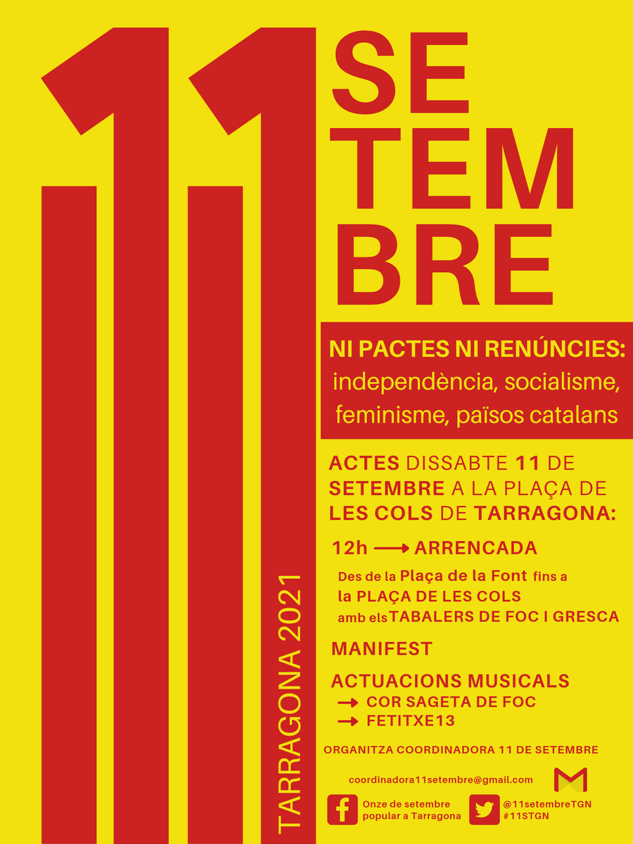 11setembreTGN's tweet photo. ✊🏽Ni Pactes | Ni Renúncies ✊🏽

DEMÀ a les 12h ens veiem a la Plaça de la Font de #Tarragona. Anirem fins a la Plaça de les Cols, amb els @diablesfig, on llegirem el manifest i hi haurà actuacions musicals.

Aquest #11S sortim al carrer! https://t.co/eAfRqkKIhN