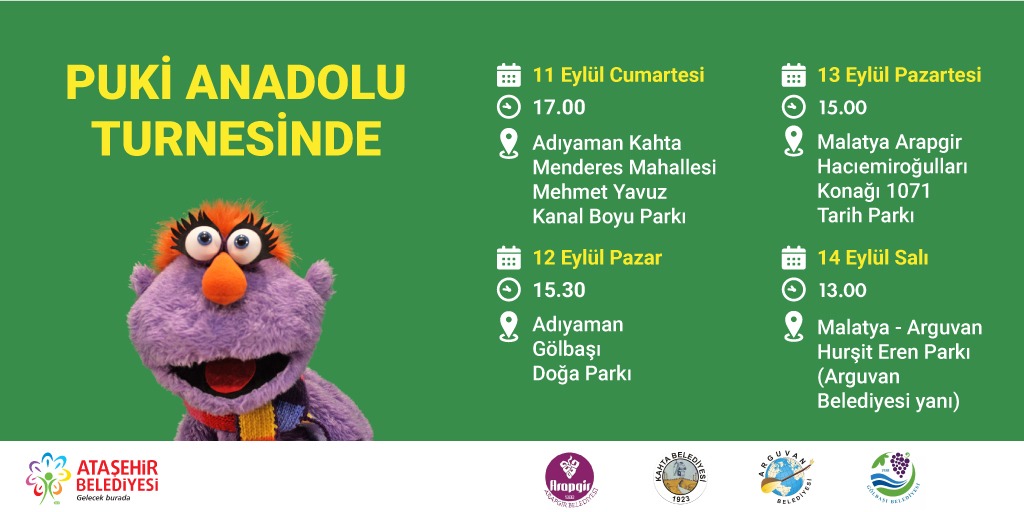 atasehirbld's tweet photo. Ataşehirli miniklerin sevilen kuklası Pukimiz şehir şehir gezmeye devam ediyor. 

Karadeniz turnesinden sonra şimdi de Malatya ve Adıyaman’a gidiyor. 

Haydi Adıyaman, Malatya @pukiparkta'nın maceralarına siz de katılın☺️

@arapgirbld 
@GolbasBld 
@arguvanbelediye https://t.co/HbbeDgHcsw