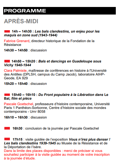MRDIsere's tweet photo. Une journée d'étude, consacrée à la thématique des bals clandestins pendant la Seconde Guerre mondiale, est organisée dans le cadre de l'exposition "Vous n'irez plus danser ! Les bals clandestins 1939-1945". Le programme 👇 https://t.co/n5tgl5UCA9