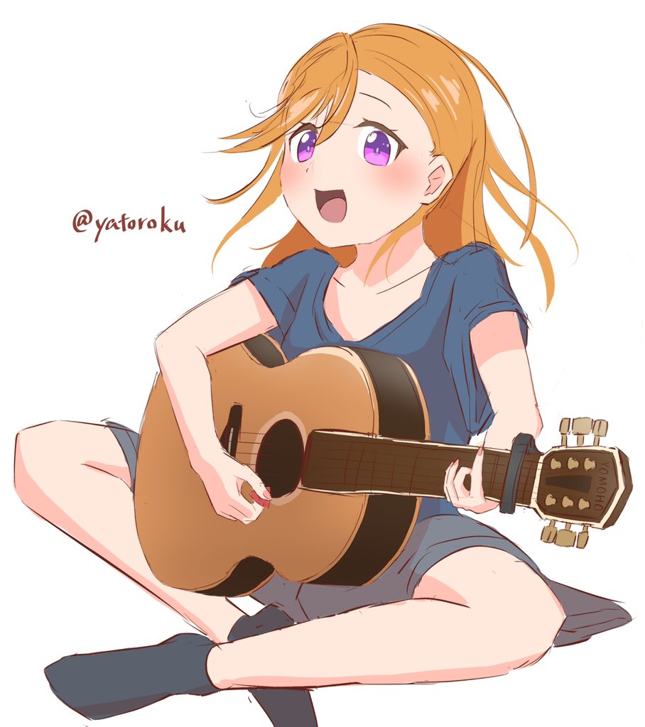 shibuya kanon 1girl instrument solo music orange hair purple eyes guitar  illustration images