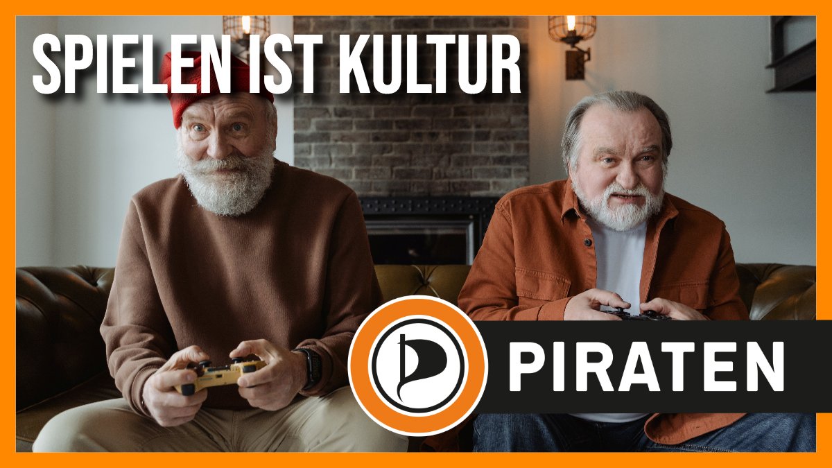 Foto von 2 alten Männern, die zusammen ein Computerspiel spielen. Text: Spielen ist kultur.