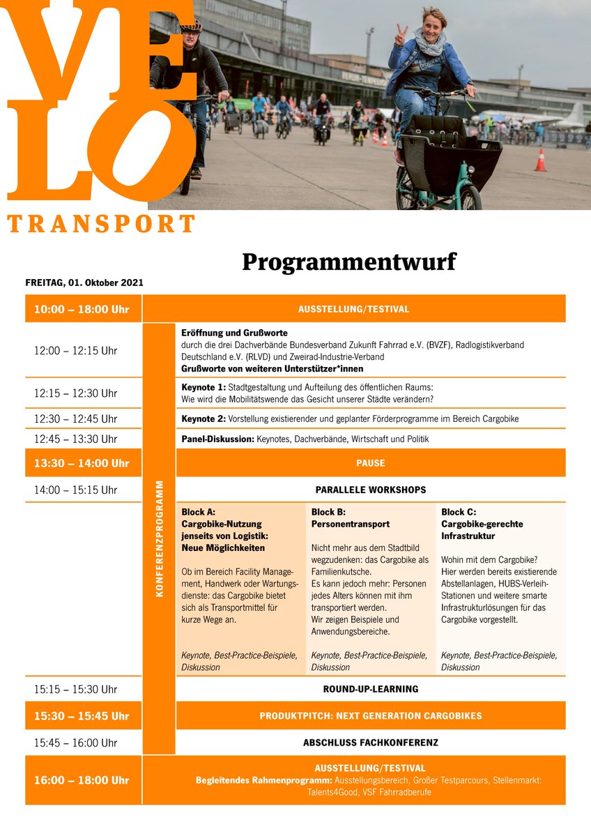 Herzliche Einladung zur #VELOTransport Fachkonferenz am 1.10.2021 am <a href="/BerlinMotionLab/">MotionLab Berlin</a> ! Das Programm wird stetig aktualisiert, bereits 25 Aussteller haben ihre Teilnahme zugesichert.
Anmeldung zur Fachkonferenz:lnkd.in/diukH-vB
Infos &amp; Updates: velotransport.de
