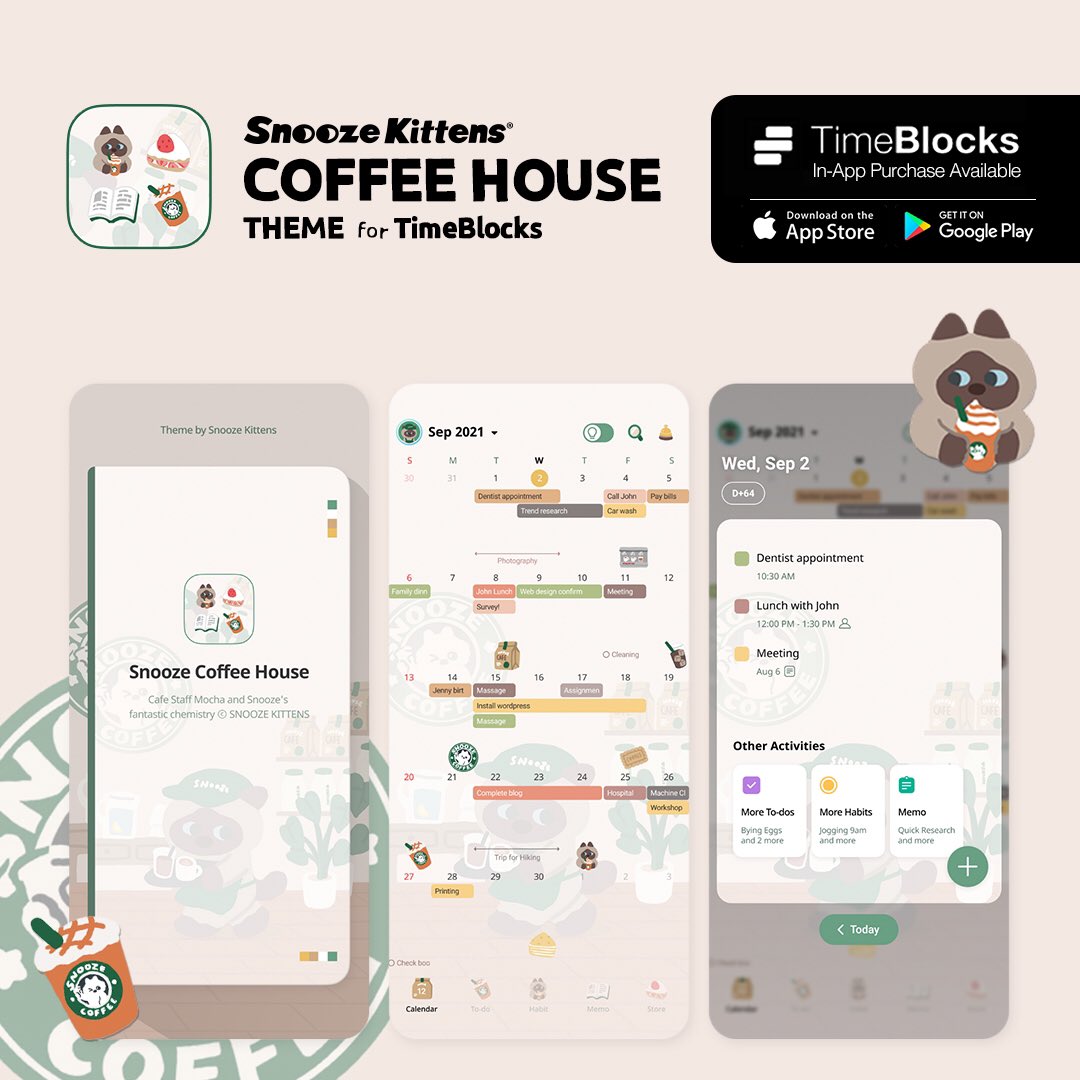 SnoozeKittens's tweet image. 스누즈키튼즈 X 타임블록스 두번째 아이템, 커피하우스 테마&amp;amp;스티커!
TimeBlocks 는 모바일에서도 쉽게 스케줄링 할 수 있는 다이어리앱이에요. 타임블록스 앱에서 &apos;스누즈 커피하우스&apos;를 찾아주세요.(인앱구매)🛒

@GetTimeBlocks #스누즈키튼즈 #타임블록스 #TimeBlocks #디지털다꾸 #다꾸 #플래너앱