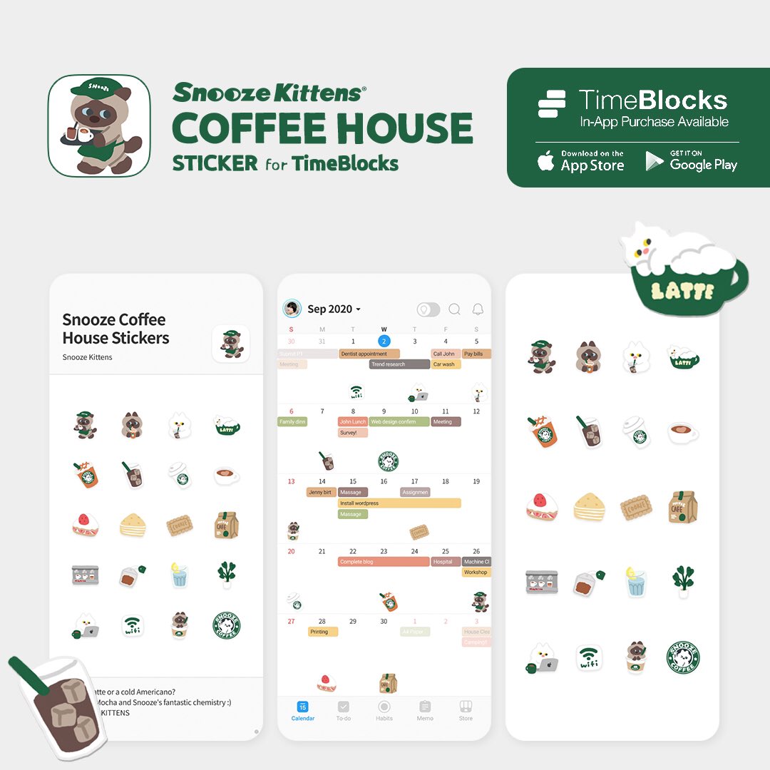 SnoozeKittens's tweet image. 스누즈키튼즈 X 타임블록스 두번째 아이템, 커피하우스 테마&amp;amp;스티커!
TimeBlocks 는 모바일에서도 쉽게 스케줄링 할 수 있는 다이어리앱이에요. 타임블록스 앱에서 &apos;스누즈 커피하우스&apos;를 찾아주세요.(인앱구매)🛒

@GetTimeBlocks #스누즈키튼즈 #타임블록스 #TimeBlocks #디지털다꾸 #다꾸 #플래너앱