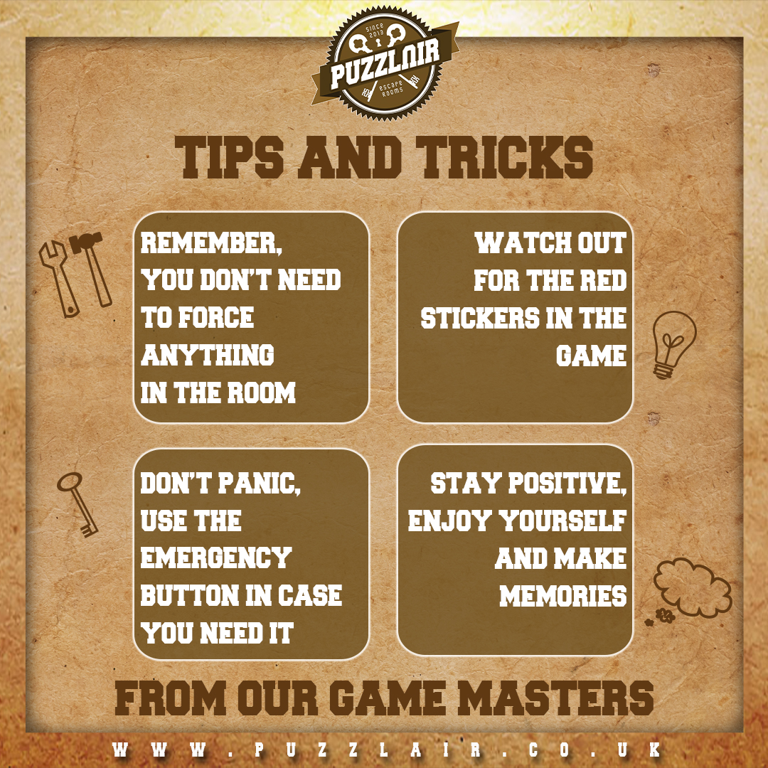 Useful tips and tricks from our game masters 😇

Book your game now at puzzlair.co.uk/escape-room-br…

#escaperoom #escapegame #roomescape #escaperooms #teamwork #escapegames #puzzle #escaperoomgame #thingstodo #escapetheroom #roomescapegame #roomescapers #exitroom #liveescapegame