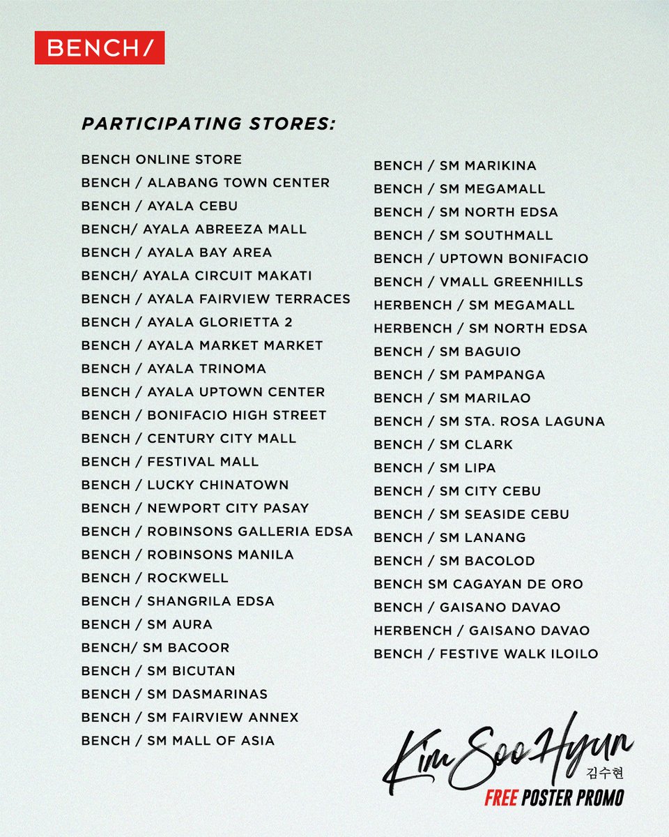 benchtm's tweet photo. PROMO EXTENDED until October 3🌟 Get your FREE #KIMSOOHYUNxBENCH posters when you shop #BENCHEveryday products online at https://t.co/d7qcvyT4x9 and in select participating stores. Read below 👇🏻💫

Per DTI Fair Trade Permit No. FTEB-125790 Series of 2021. 

#GlobalBENCHSetter https://t.co/vkQhBITAIb