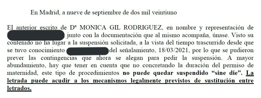 nnonica's tweet photo. DENEGACIÓN DE SUSPENSIÓN DE JUICIO POR MATERNIDAD: 

1) Al parecer en marzo tenía que haberle contado a mi cliente mi embarazo por si no me quería contratar.

2) Ni leen el escrito de solicitud en el que se pedía al menos 40 días tras el parto para instauración de lactancia. https://t.co/Vejy6kH86Z