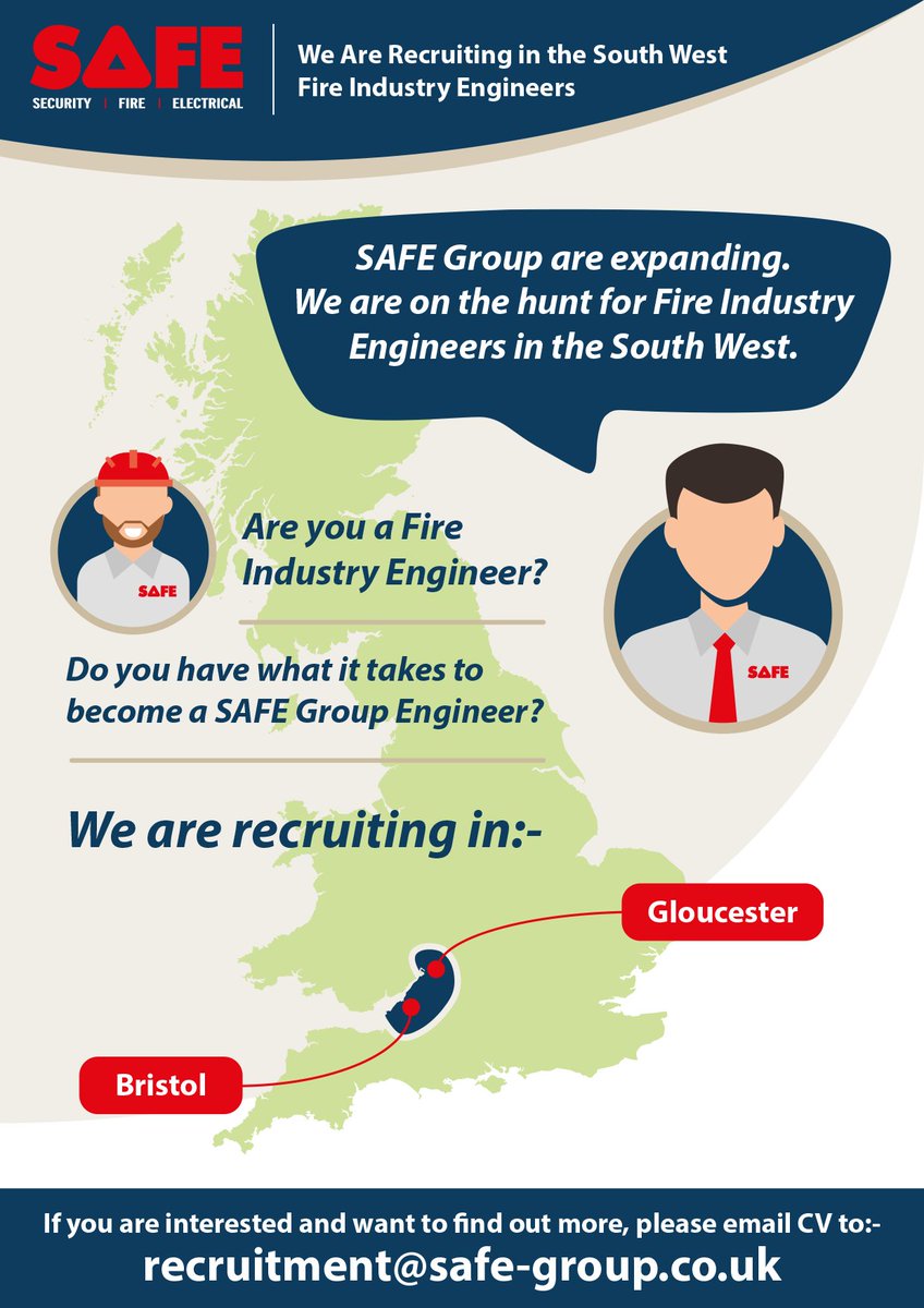 We are on the hunt for Fire Industry Engineers in the South West.

- Bristol
- Gloucester

Knowledge of / compliance with all relevant British Standards is essential.

Please email CV to - recruitment@safe-group.co.uk

#recruitment #firealarmsystems #firesafety #healthandsafety