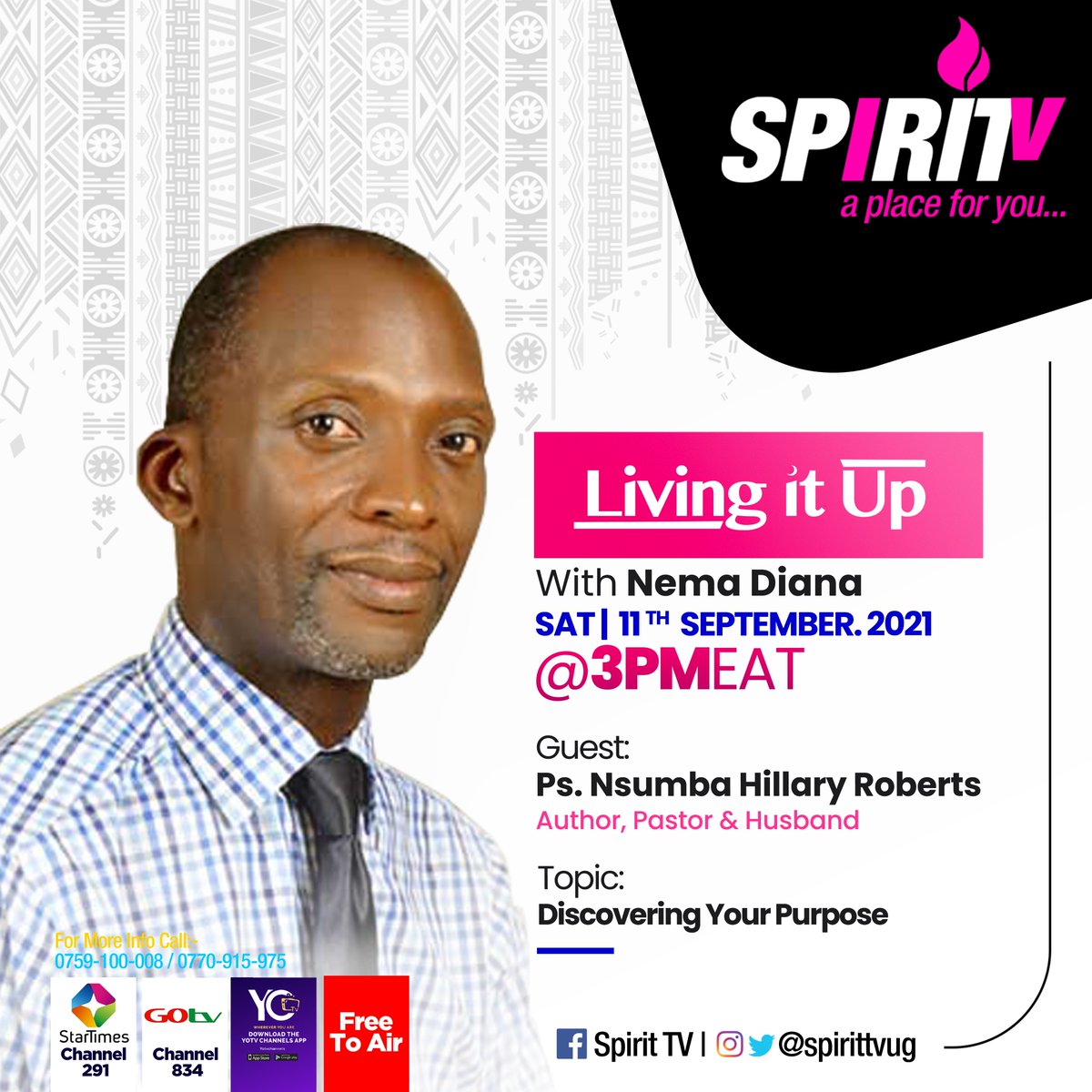 With so much going on in the world, a lot of people get lost in the process of who they want to be, but how do you rediscover your purpose? @NemaDiana will be liaising with Pastor Nsumba Hillary Robert this Saturday at 3pm on @spirittvug on #LivingItUp. #APlaceForYou