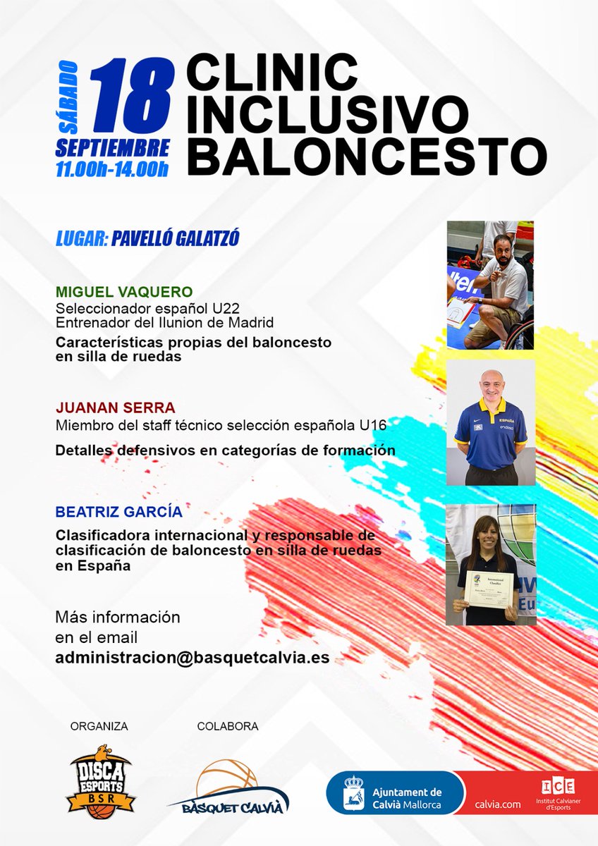 basquetcalvia's tweet photo. 🖼️ Cartel de lujo del I Clínic Inclusivo de Baloncesto que organizamos junto a @DiscaEsports 

🏀 Combina el baloncesto a pie con el baloncesto en silla de ruedas

📅 El próximo sábado en Galatzó

🎫 Reserva tu entrada gratuita en administracion@basquetcalvia.es https://t.co/VrkMJf44KR