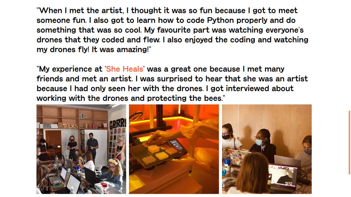 Southend Raspberry Jam (@southendrpijams) on Twitter photo The #EssexSteamettes are Young Researchers for <a href="/99by19/">99 by 19 Southend</a> a list of activities for young people in Southend
They collaborated with artist <a href="/lhhg1990/">Lily Hunter Green</a> on "She Heals", coding drones to fly and simulate bees social distancing from a virus in a hive
Check out: southendtech.co.uk/she-heals The #EssexSteamettes are Young Researchers for <a href="/99by19/">99 by 19 Southend</a> a list of activities for young people in Southend
They collaborated with artist <a href="/lhhg1990/">Lily Hunter Green</a> on "She Heals", coding drones to fly and simulate bees social distancing from a virus in a hive
Check out: southendtech.co.uk/she-heals