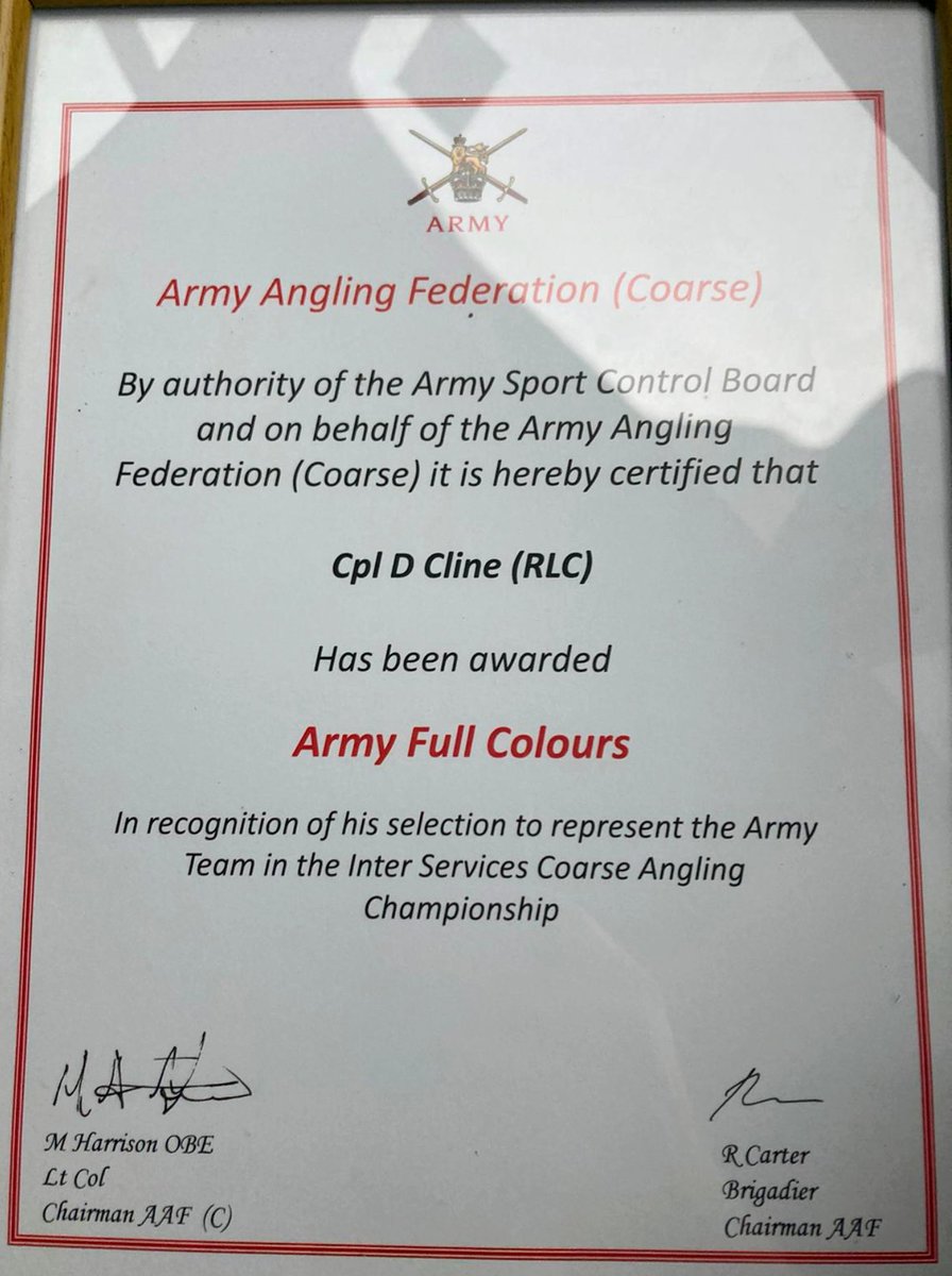 Many congratulations to Cpl Cline for being awarded his Army Full Colours to represent his selection to represent the Army Team in the inter Services Coarse Angling Championship. <a href="/UKArmyLogistics/">The Royal Logistic Corps</a> @101_Log_Bde