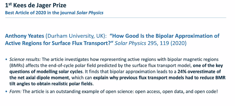 Solar_EPS's tweet photo. The winner of the new #SolarPhysics award - Annual Kees de Jager Prize sponsored by @SpringerNature was just announced at #ESPM16. It goes to Anthony Yeates (Durham University, UK). Congrats!!🏆🎉 https://t.co/IET9sYQGSE