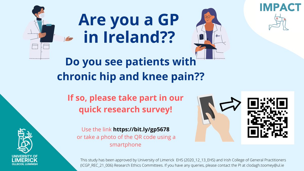 It's the turn of GPs in Ireland to have your say! Do you face barriers prescribing exercise/activity for people with hip and knee osteoarthritis? 📢 Let us know - bit.ly/gp5678 (Takes 5-7 mins) Please RT! #TeamGP @ICGPnews @ULGPIG @MedicineAtUL