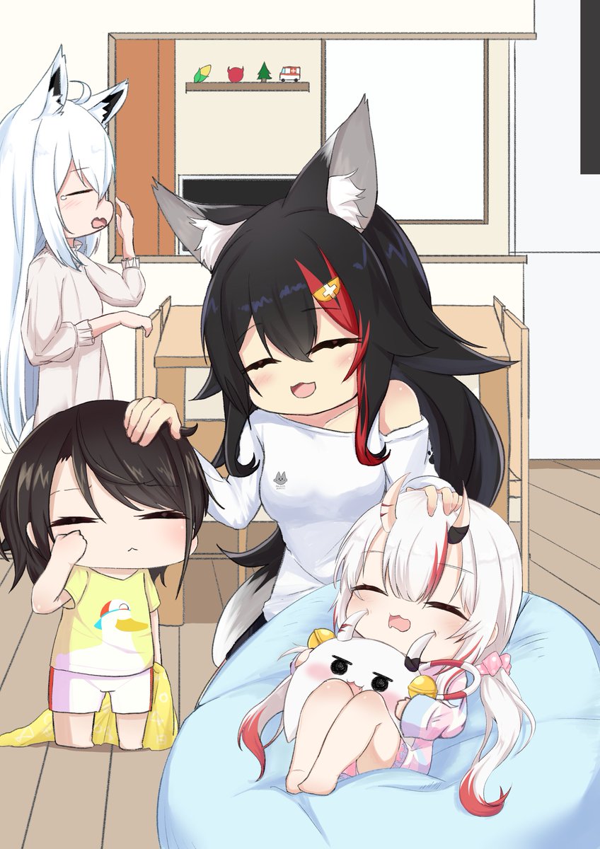 nakiri ayame ,ookami mio ,oozora subaru ,shirakami fubuki multiple girls 4girls wolf girl animal ears black hair fox ears white hair  illustration images