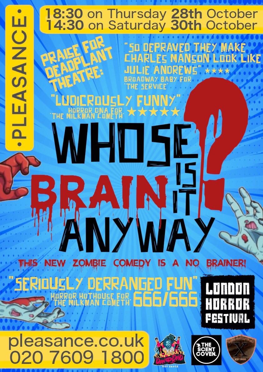 hellodeadplant's tweet image. NEW SHOW ANNOUNCEMENT 

We’re thrilled to be working with @londonhorrorfestival &amp;amp; @thepleasance to present:

WHOSE BRAIN IS IT ANYWAY a new comedy horror, about an improv group attempting a show amidst a zombie apocalypse. The show is a no brainier, so book your tickets now!