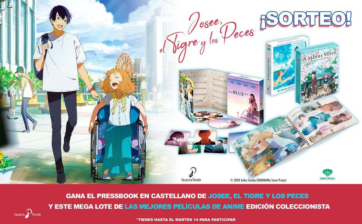 SelectaVision's tweet photo. ¡🐯MegaSorteo #JoseeElTigreYLosPeces 🐠!

Hoy llega a los cines 🎬Josee el Tigre y los Peces ¡Y sorteamos un pack de pelis imprescindibles de anime + Pressbook de Josee!

Solo tienes que:

🐠Like💙+ RT

🐠Comentar con #JoseeElTigreYLosPeces qué esperas de esta película

¡Suerte! https://t.co/fXPy5C8pqb