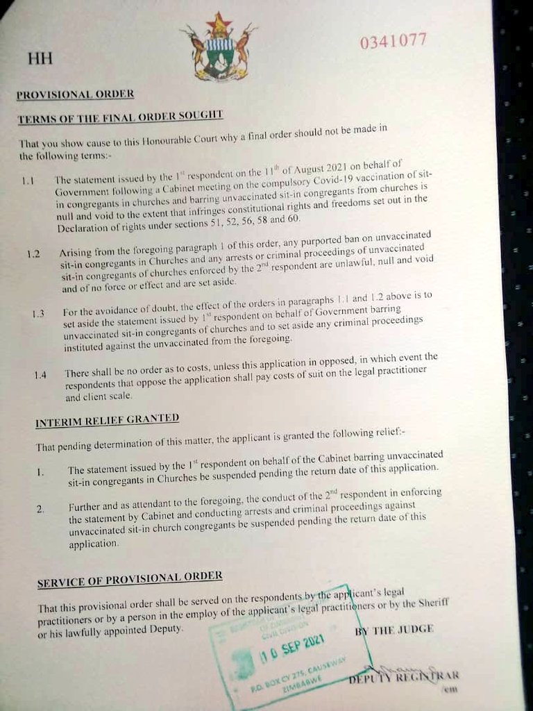 zimlive's tweet photo. JUST IN: Unvaccinated congregants are free to attend church and police are barred from arresting unvaccinated sit-in congregants as announced by Zimbabwe's cabinet on August 11, the High Court has ordered after lawyers challenged the decree as of no legal force https://t.co/4KJifqzvWq