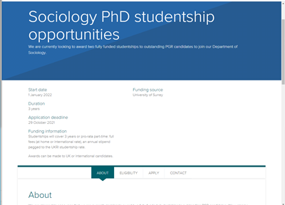 SurreySociology's tweet photo. PGR studentships - we're delighted to invite applications for two fully-funded PhD studentships - applications welcomed for any of our specialisms within sociology, criminology or media &amp; comms - more details at: https://t.co/uxTy9S5WY1 https://t.co/TgShDDw7y9