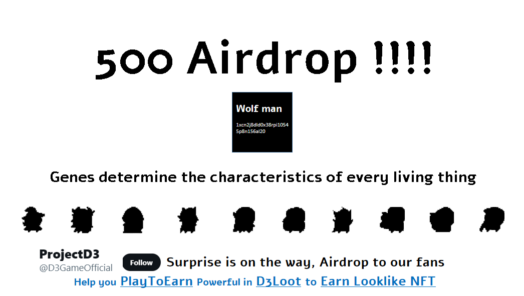 D3GameOfficial's tweet photo. #Airdrop Alert

we are giving away 500 D3LOOT to our whitelisted fans.
👇👇
To enter:
1.  Follow @D3GameOfficial @jiaxichen11
2. Like,RT and tag AT LEAST 3 friends(more friends, more chances)
3. Join Discord https://t.co/h2ooSuZy5b
4. Leave ETH address in the comments

#NFT #Loot https://t.co/3x0OtzZOI8