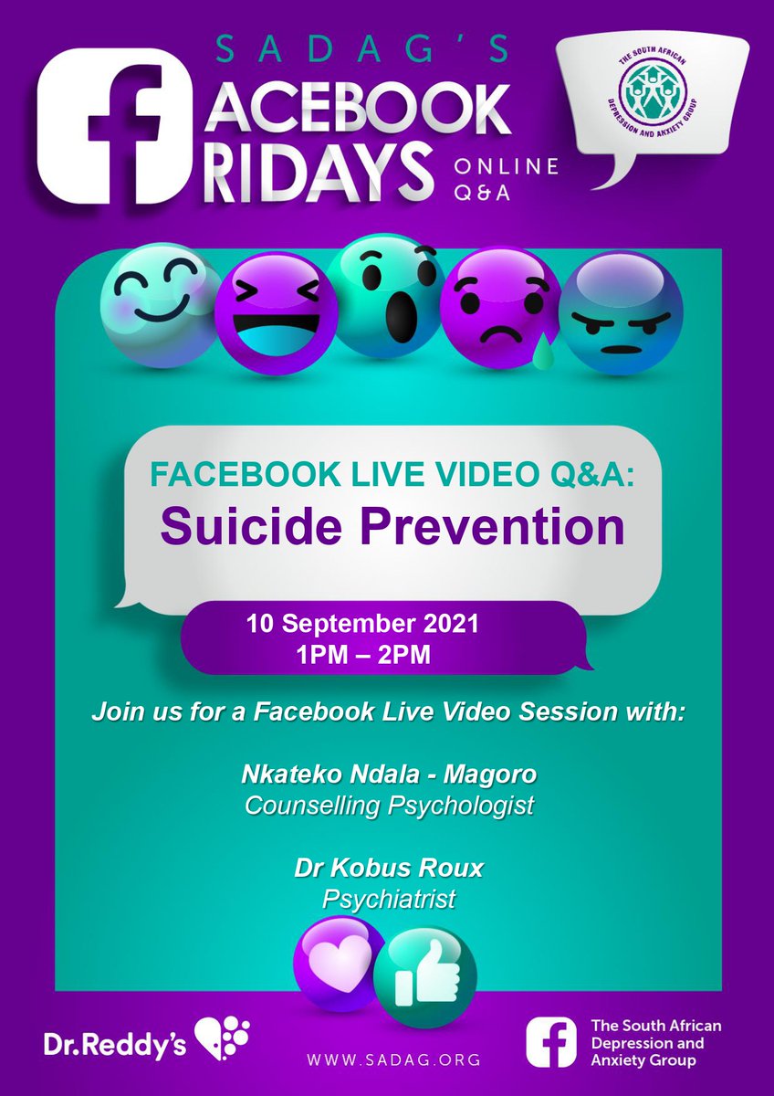 Today is World Suicide Prevention Day and to commemorate this day SADAG is hosting a FREE #FacebookFriday Live Online Q&amp;A from 1-2pm. Don’t miss it as experts unpack how to identify the warning signs of suicide, understanding depression in children or teens &amp; where to get help